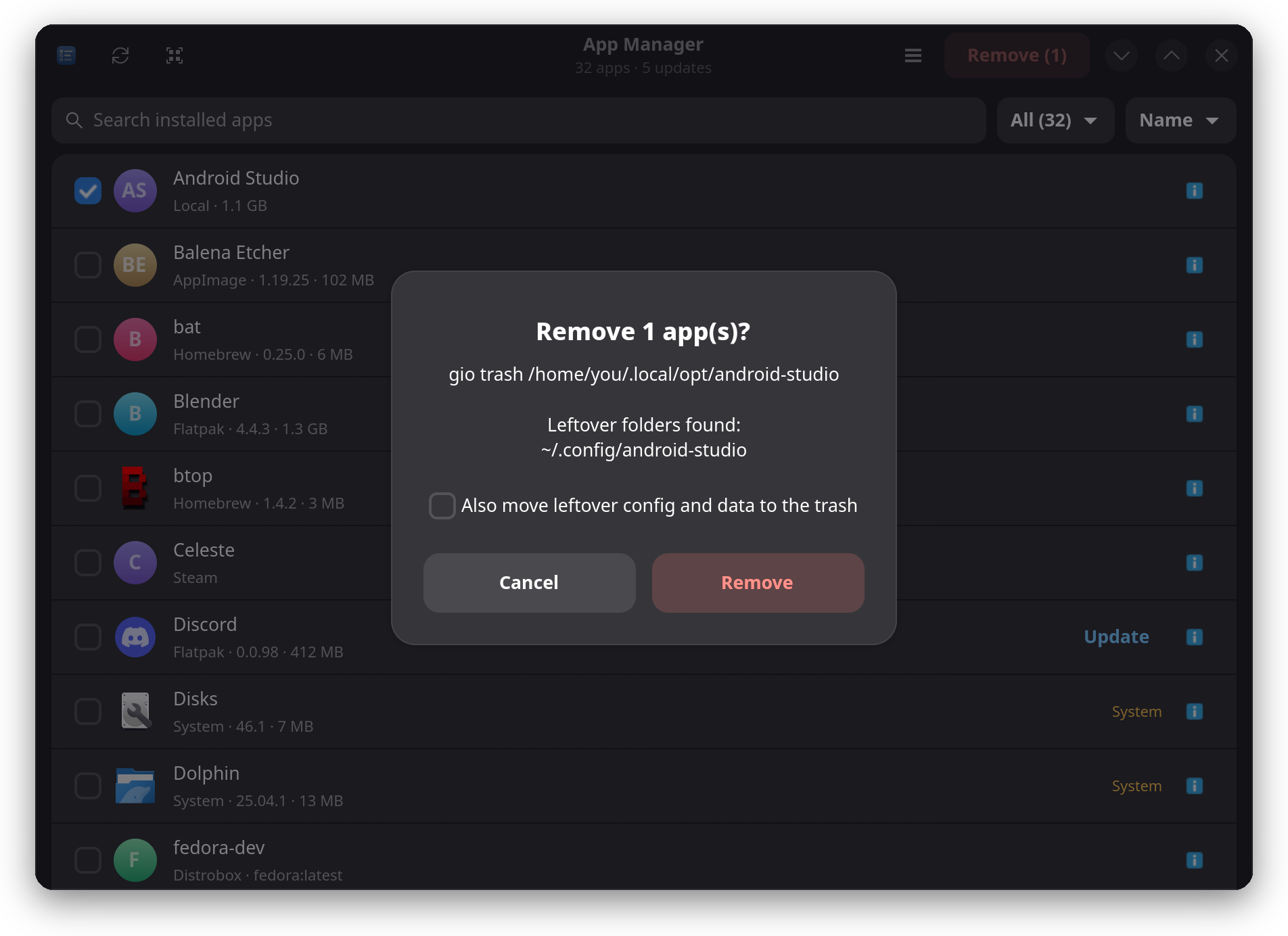 Removal dialog offering to also move leftover config and data to the trash