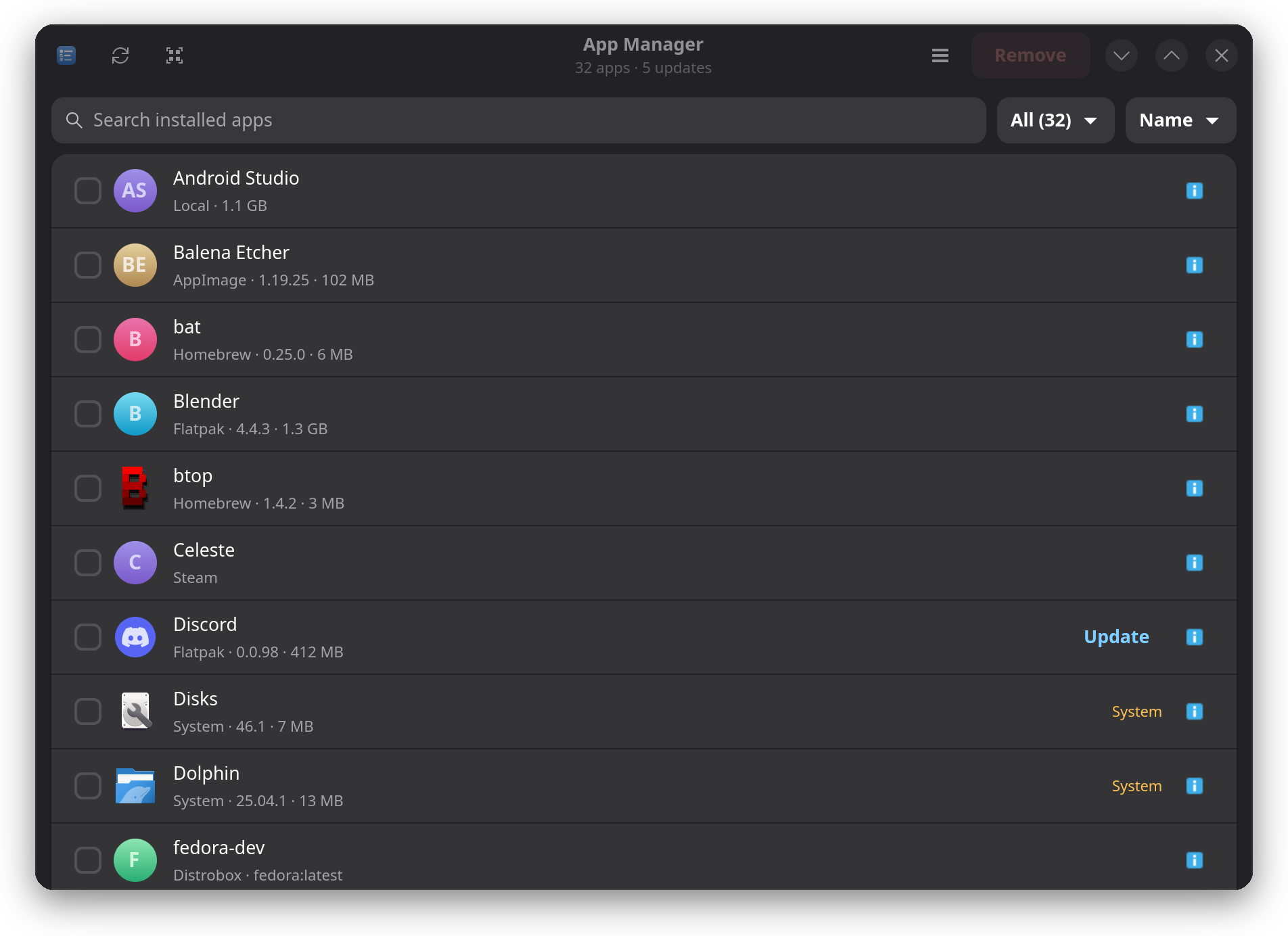 App Manager listing Flatpak, Homebrew, AppImage, Steam and system apps with sizes and update buttons
