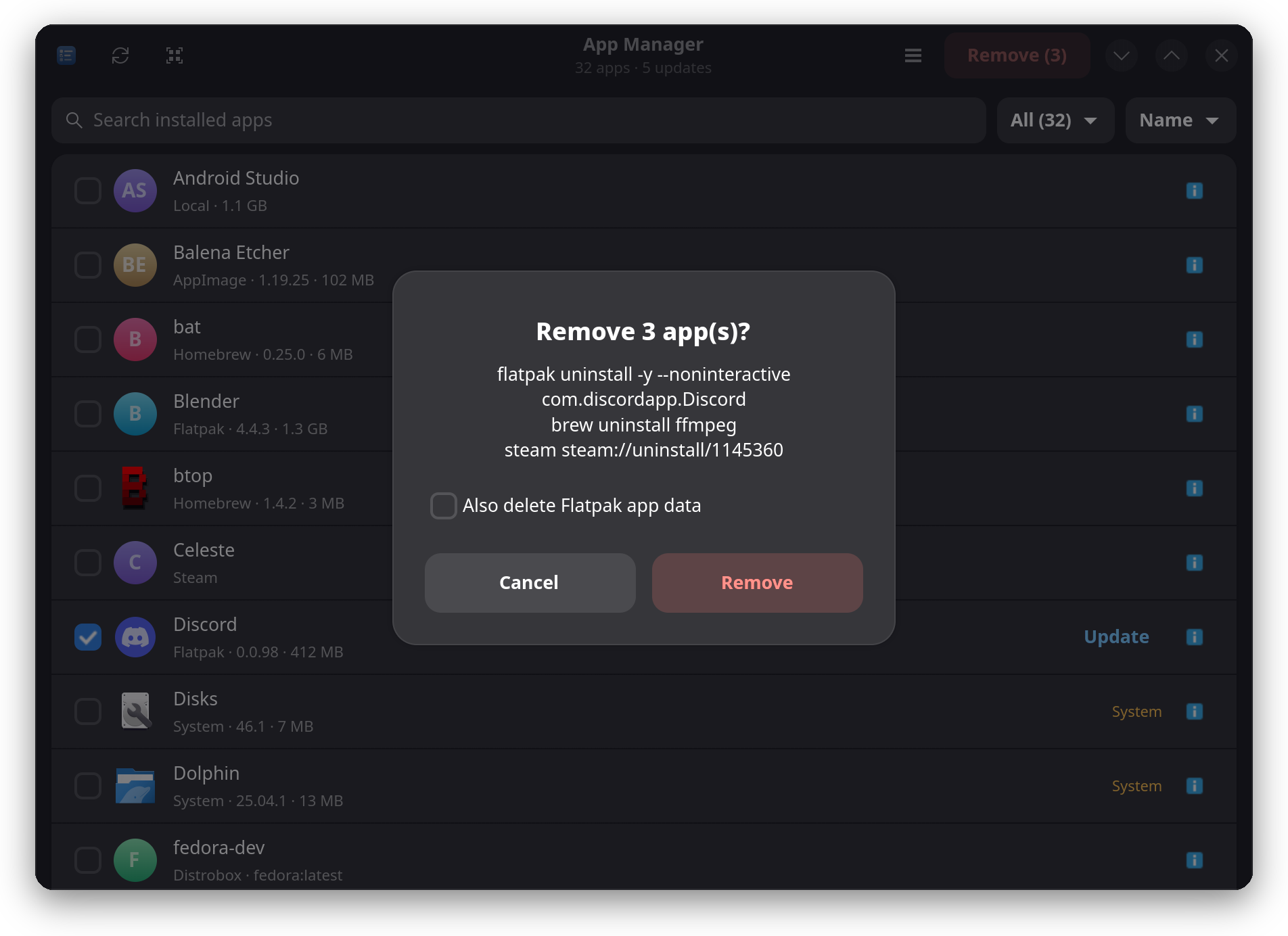 Confirmation dialog listing the exact flatpak, brew and steam commands that will run