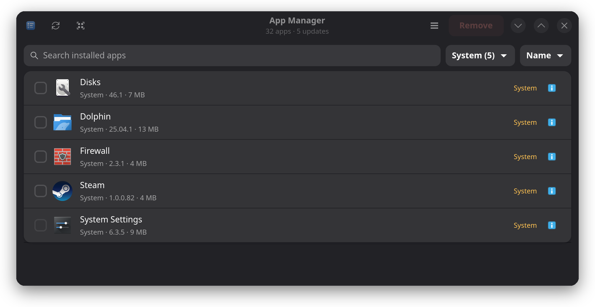 System apps marked with an amber label, with core packages greyed out